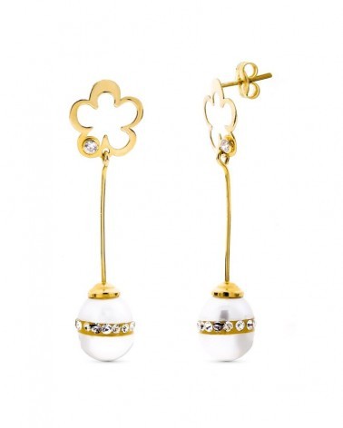 Pendientes oro 18k largos flor perla circonita