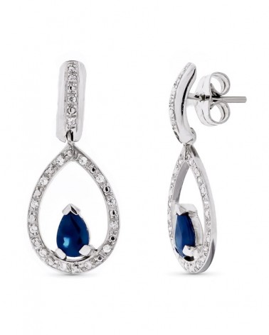 Pendientes oro blanco 18k zafiro lágrima circonita