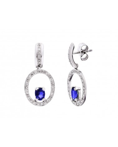 Pendientes oro blanco 18k círculo circonita piedra azul