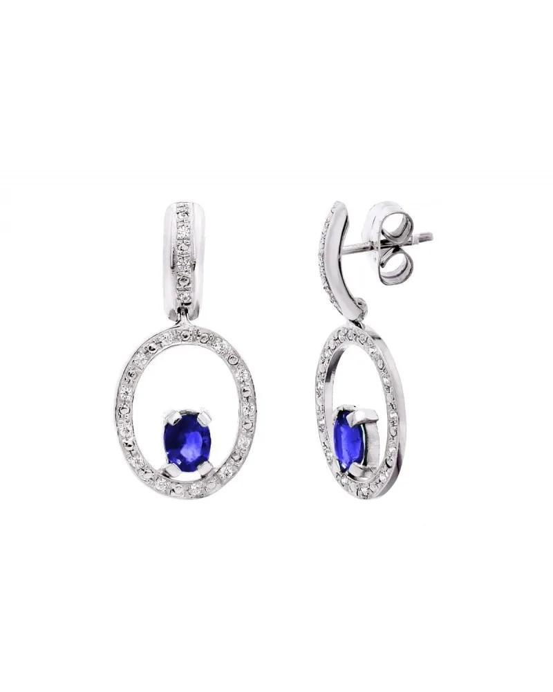 Pendientes oro blanco 18k círculo circonita piedra azul