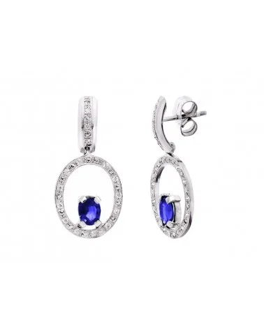 Pendientes oro blanco 18k círculo circonita piedra azul