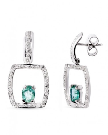 Pendientes oro blanco 18k esmeralda marco circonitas