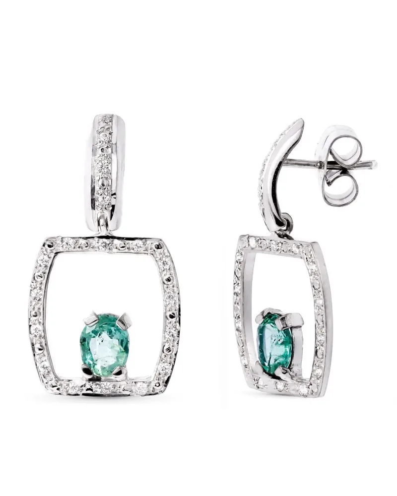 Pendientes oro blanco 18k esmeralda marco circonitas