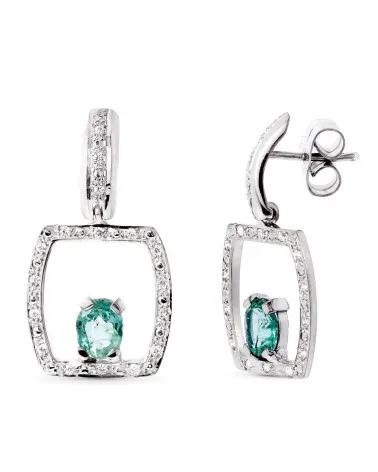 Pendientes oro blanco 18k esmeralda marco circonitas