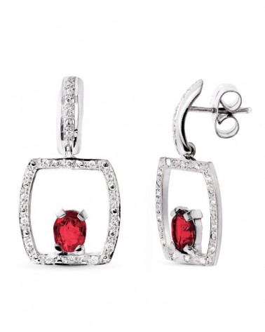Pendientes oro blanco 18k rubí marco cuadrado circonitas