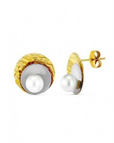 Pendientes oro 18k bicolor redondos perlas cierre presión