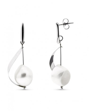 Pendientes oro blanco 18k largos con perla cierre presión
