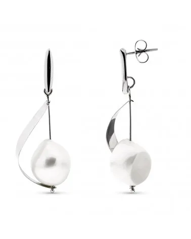Pendientes oro blanco 18k largos con perla cierre presión