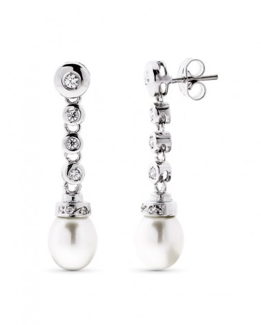Pendientes oro blanco 18k perla cultivada circonita largos