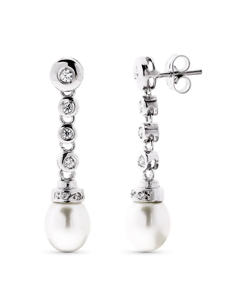 Pendientes oro blanco 18k perla cultivada circonita largos