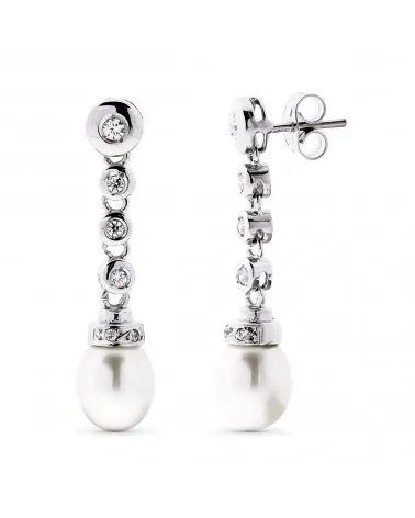 Pendientes oro blanco 18k perla cultivada circonita largos