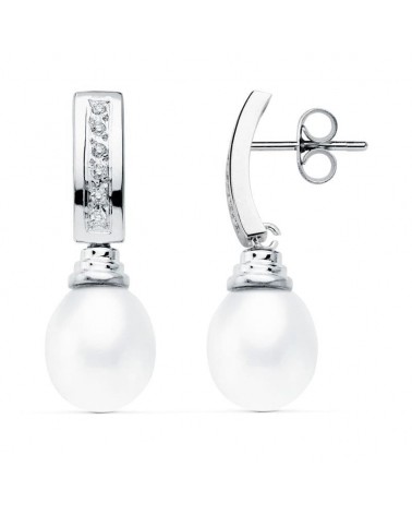 Pendientes oro blanco 18k perla cierre presión 30x9 mm