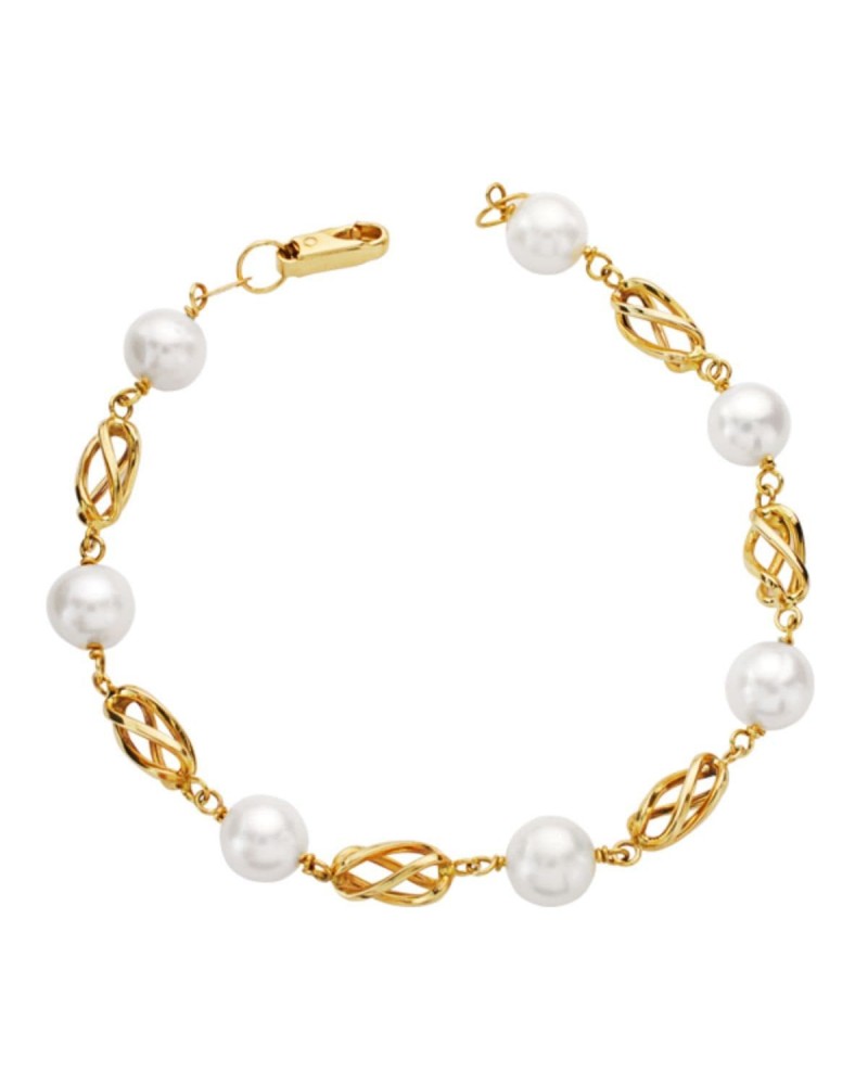 Pulsera oro 18k perlas y motivos decorativos 19 cm