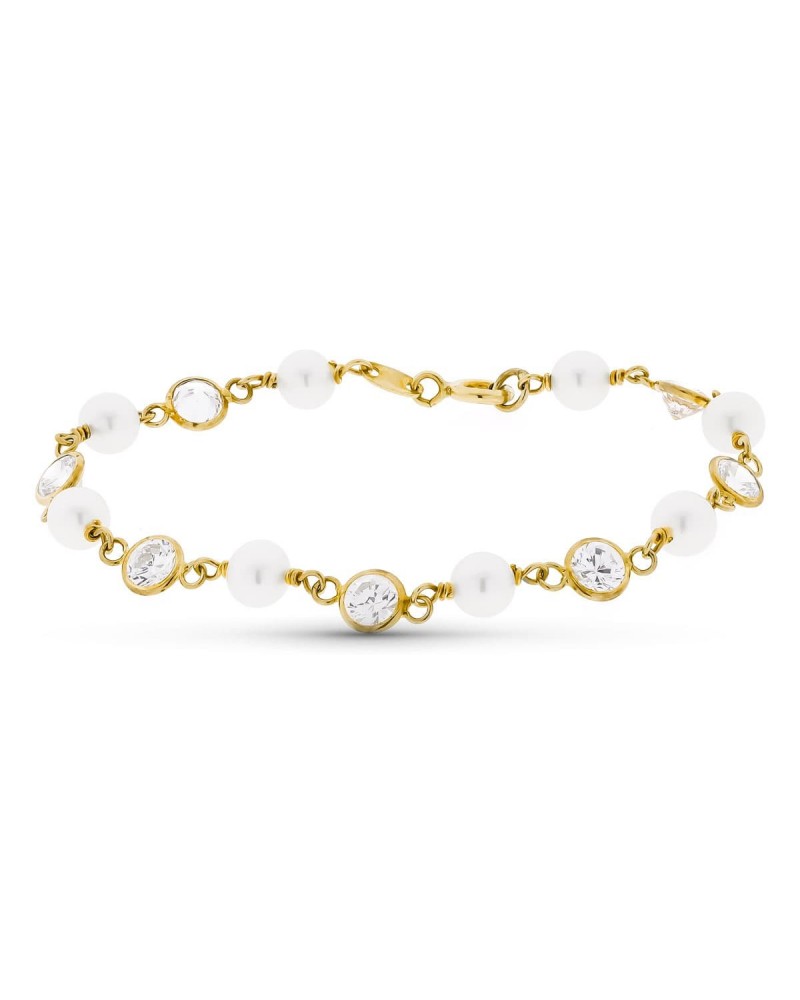 Pulsera oro 18k perlas blancas circonitas 16,5 cm