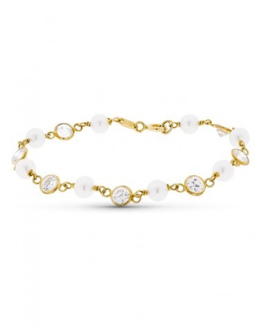 Pulsera oro 18k perlas blancas circonitas 16,5 cm
