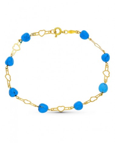 Pulsera oro 18k amarillo turquesas corazones 19cm
