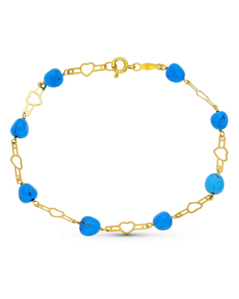 Pulsera oro 18k amarillo turquesas corazones 19cm