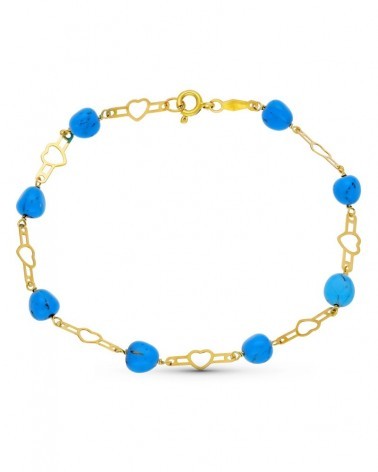 Pulsera oro 18k amarillo turquesas corazones 19cm