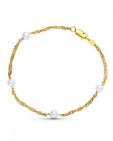 Pulsera oro 18k perlas cadena Singapur 19 cm