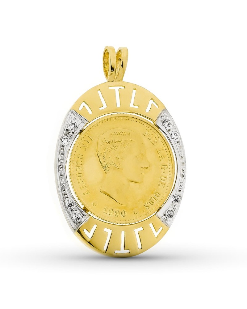 Colgante oro 18k bicolor placa moneda circonita 37x24mm