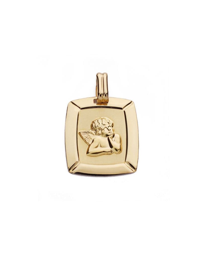 Medalla oro 18k angelito cuadrada grabado láser
