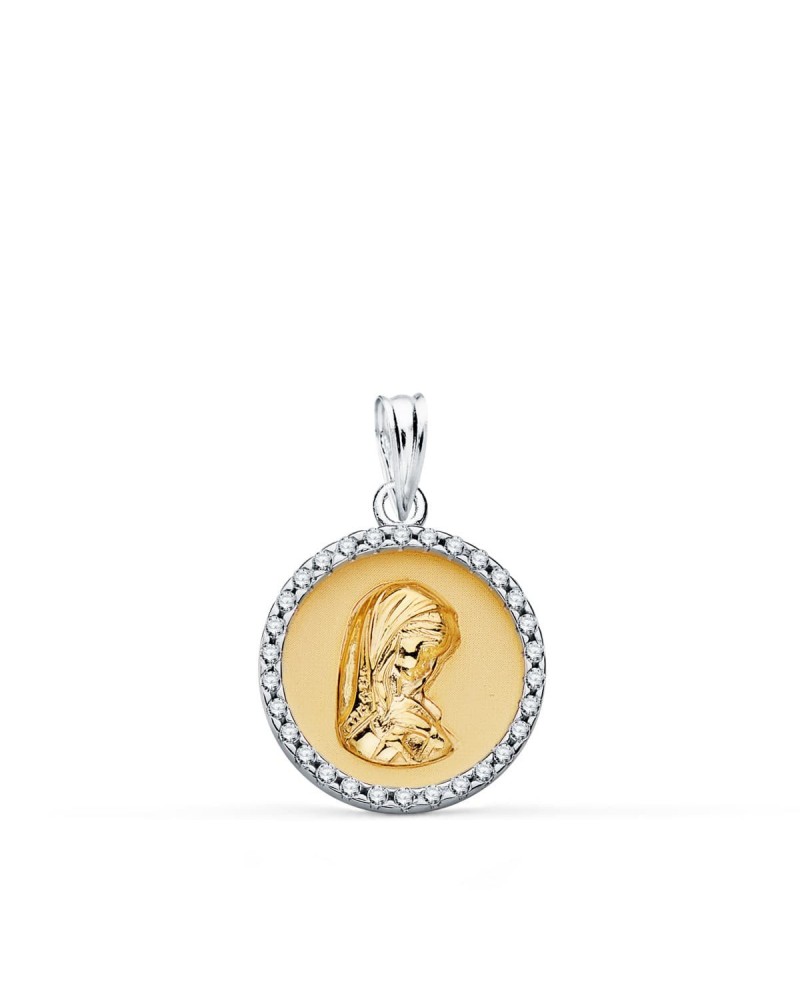 Colgante oro 18k bicolor Virgen Niña circonita 16 mm
