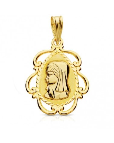 Medalla oro 18k Virgen Niña lágrima 22x16mm