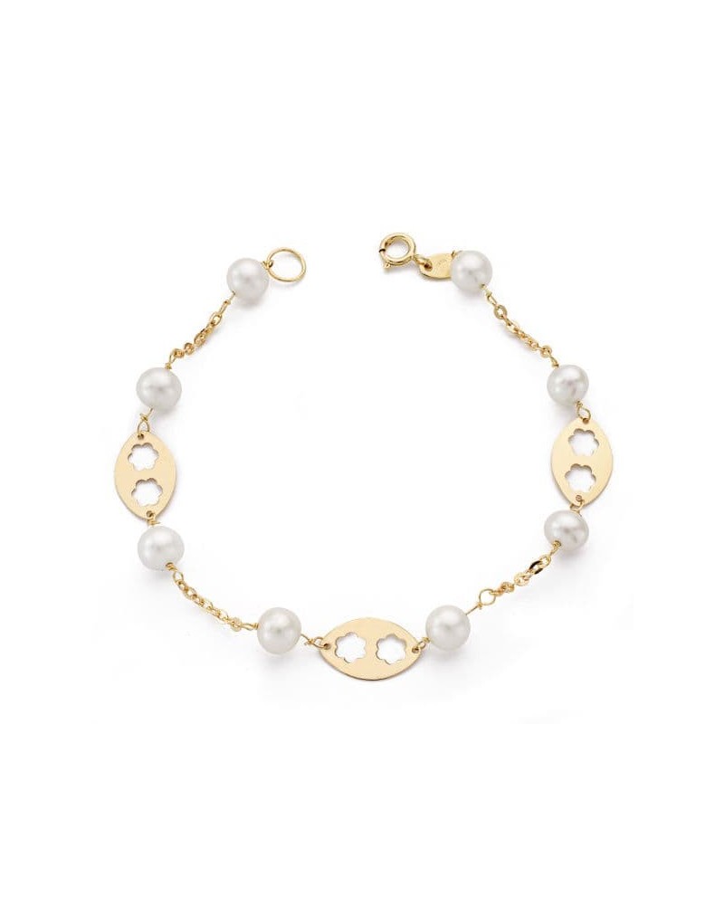 Pulsera oro 18k perlas comunión eslabones calados 17,5cm