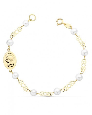 Pulsera oro 18k comunión perlas Virgen 16,5cm