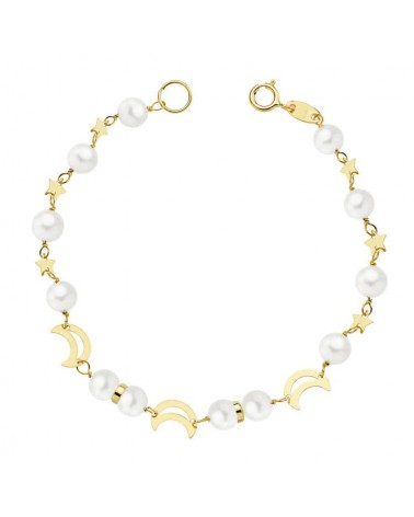 Pulsera oro 18k amarillo perlas lunas 17 cm
