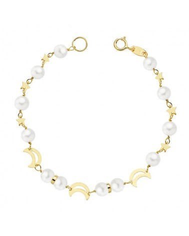 Pulsera oro 18k amarillo perlas lunas 17 cm