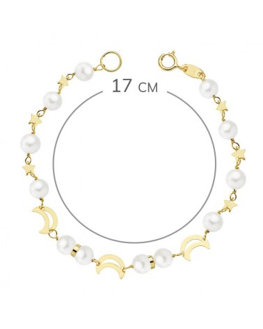 Pulsera oro 18k amarillo perlas lunas 17 cm