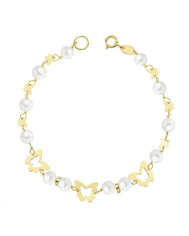 Pulsera oro 18k amarillo perlas mariposas comunión 17cm