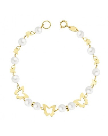 Pulsera oro 18k amarillo perlas mariposas comunión 17cm