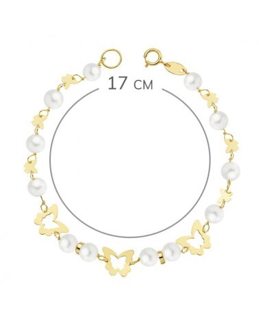 Pulsera oro 18k amarillo perlas mariposas comunión 17cm