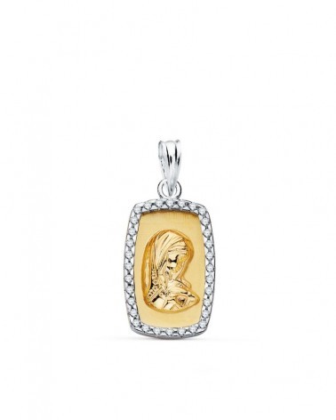 Colgante oro 18k bicolor Virgen Niña circonitas 18x12mm