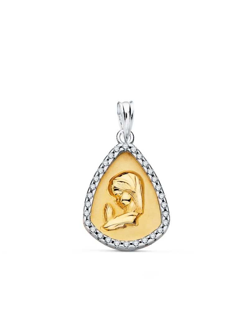Medalla oro 18k bicolor Virgen niña circonitas 18x14mm