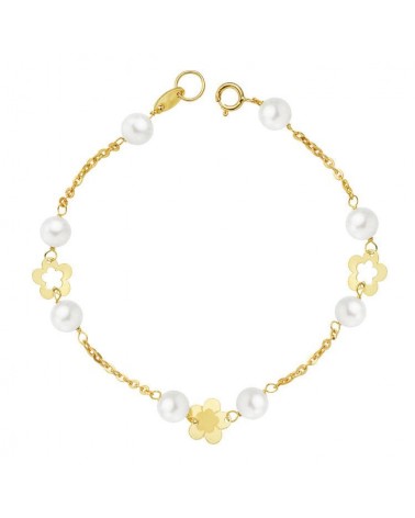 Pulsera oro 18k perlas flores 17cm
