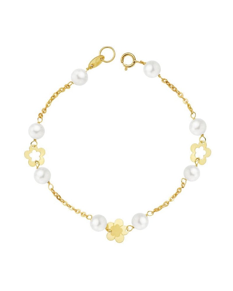 Pulsera oro 18k perlas flores 17cm