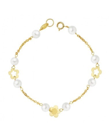 Pulsera oro 18k perlas flores 17cm