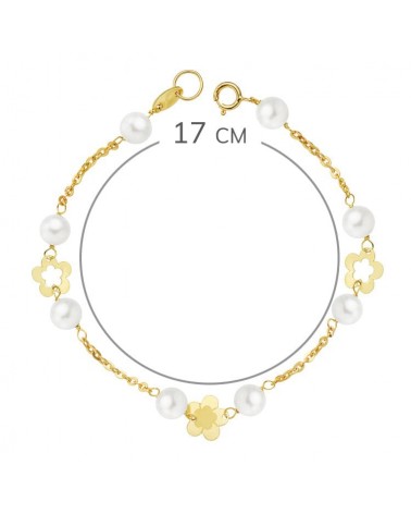 Pulsera oro 18k perlas flores 17cm