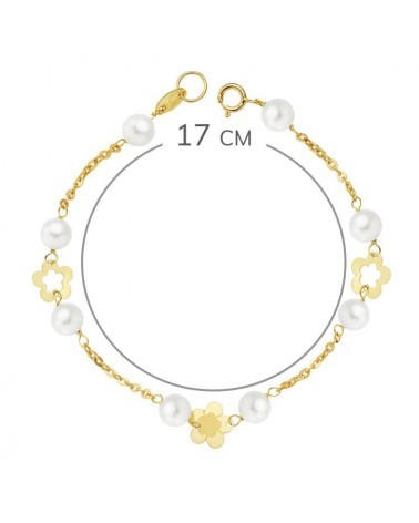 Pulsera oro 18k perlas flores 17cm