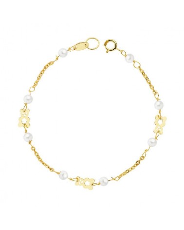 Pulsera oro 18k perlas y osito 16,5 cm