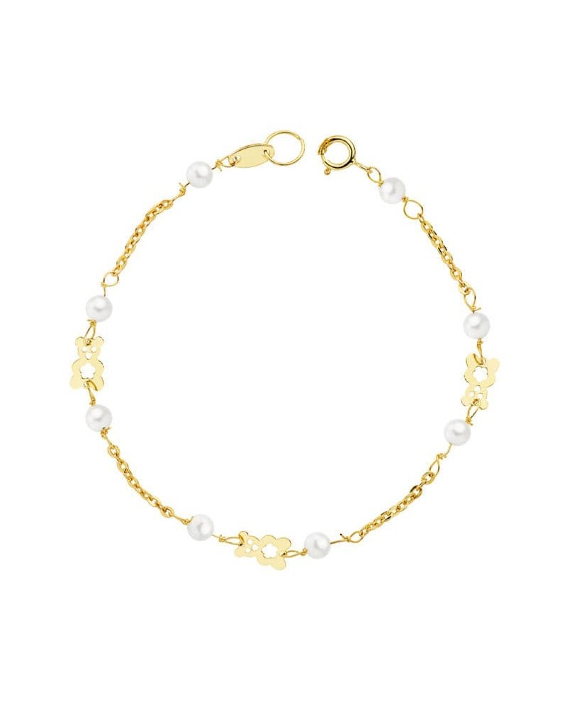 Pulsera oro 18k perlas y osito 16,5 cm