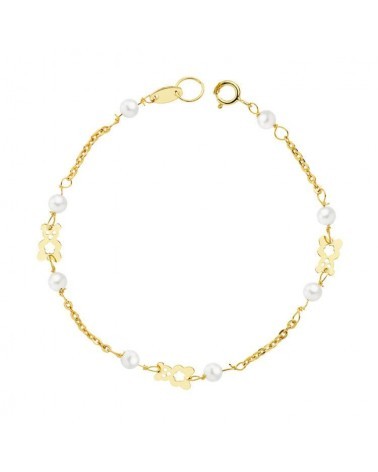 Pulsera oro 18k perlas y osito 16,5 cm