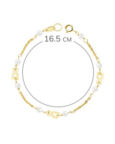 Pulsera oro 18k perlas y osito 16,5 cm