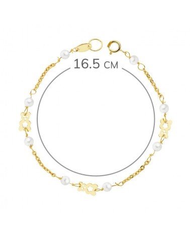 Pulsera oro 18k perlas y osito 16,5 cm