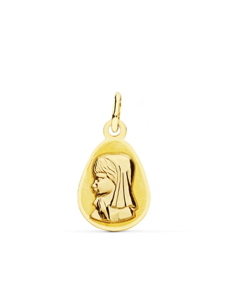 Medalla oro 18k Virgen Niña forma gota 17x10 mm