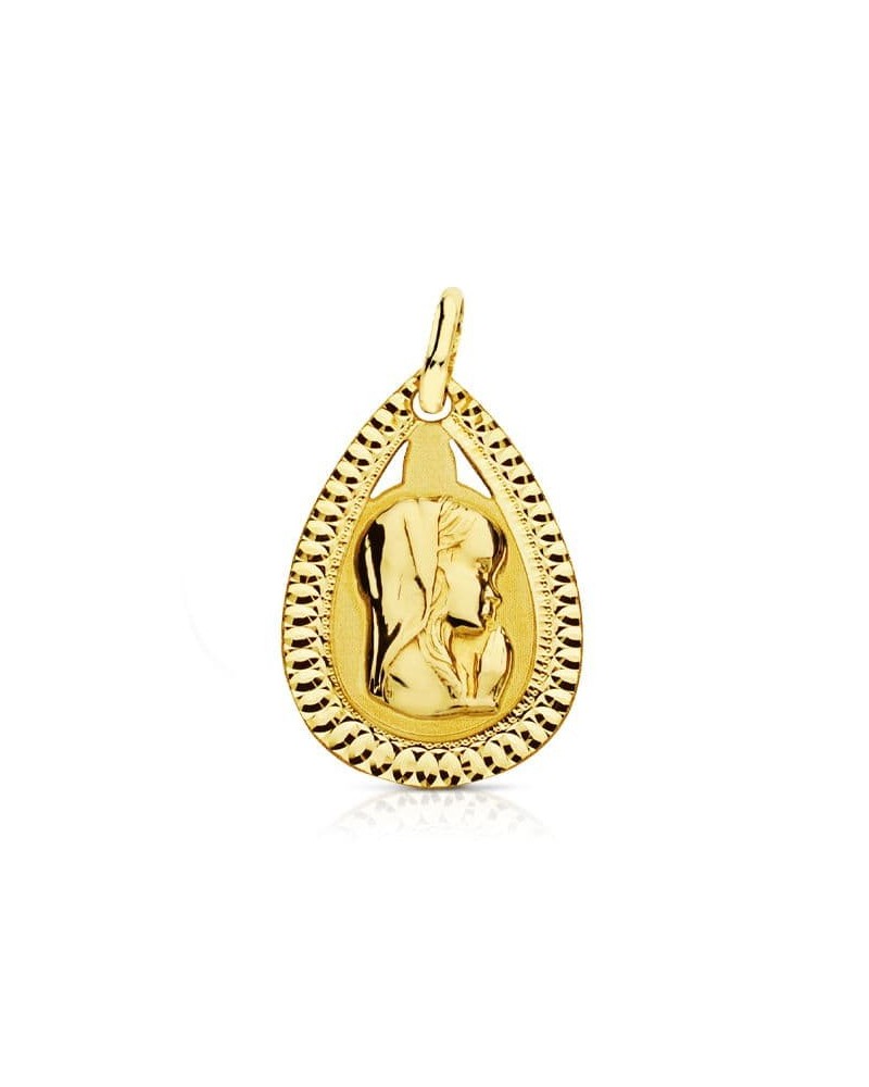 Medalla oro 18k Virgen Niña lágrima 20x13mm