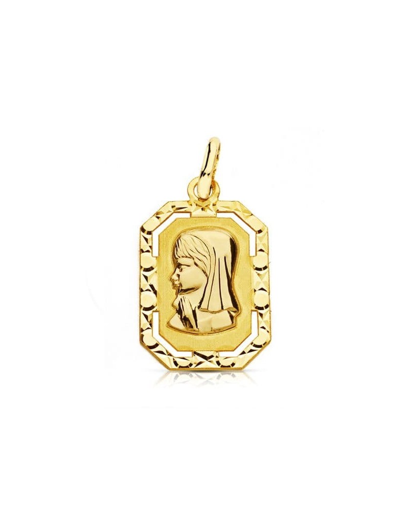Medalla oro 18k Virgen Niña marco calado 20x12 mm